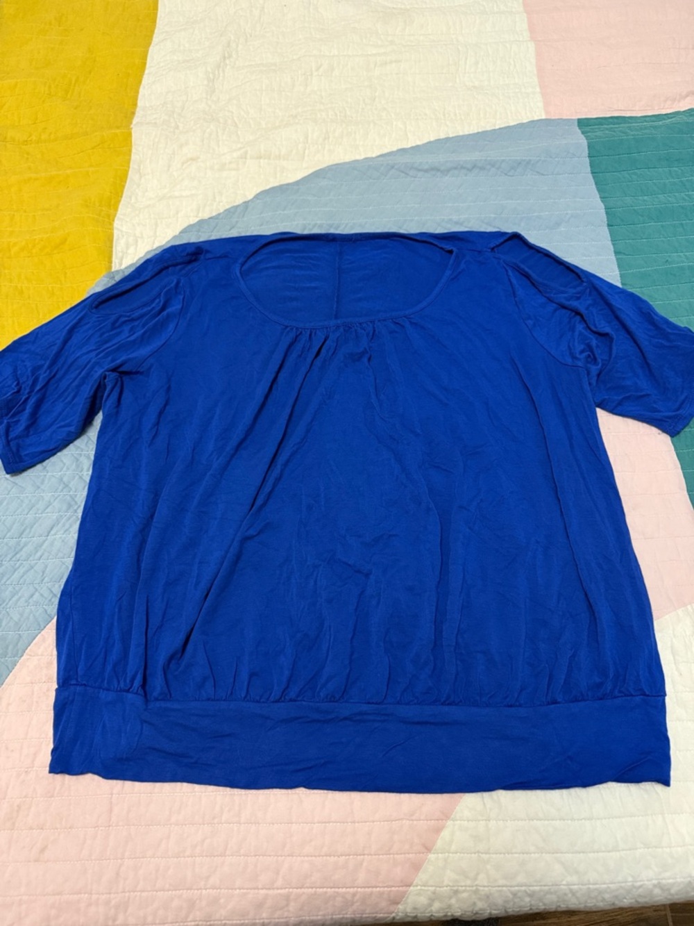 Women's Blue Scoop Neck Short Sleeve Top with Cold Shoulder